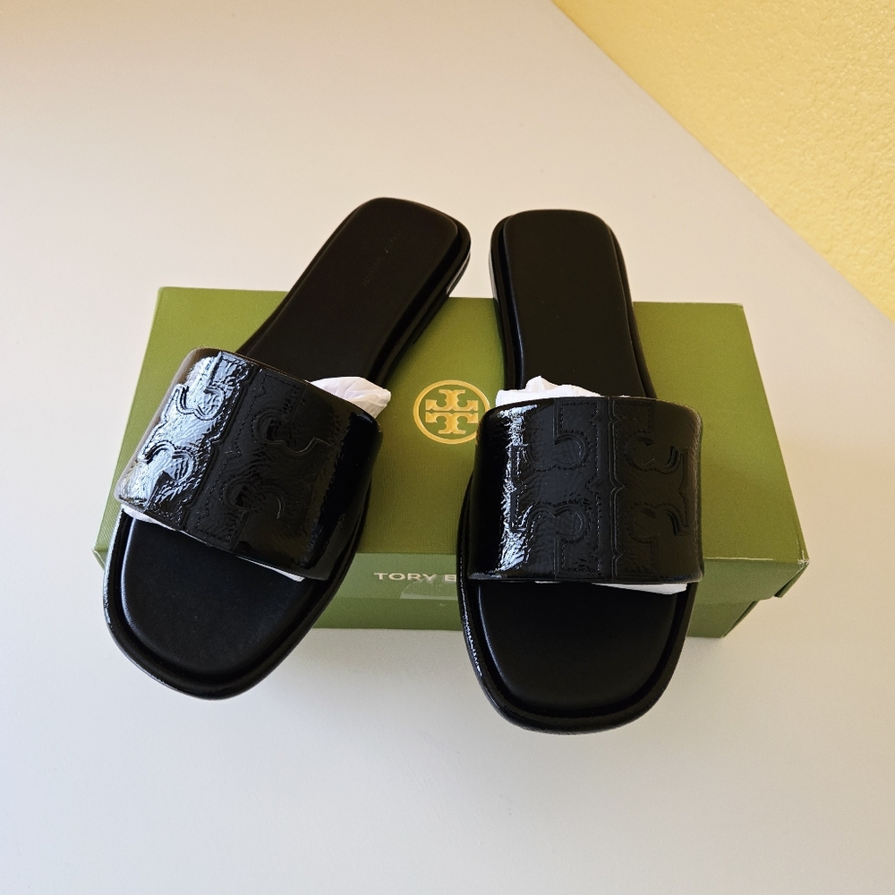 Tory Burch “Double T Sport Slide Sandals” Patent Leather (Perfect Black) Size 10 - Picture 2 of 13